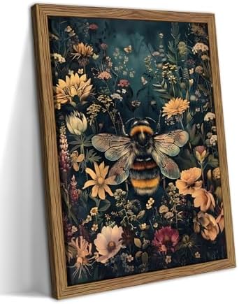 Vintage Framed Wall Art Bee Canvas Prints, Dark College Animals Flowers Wall by MUWAKWallArt
