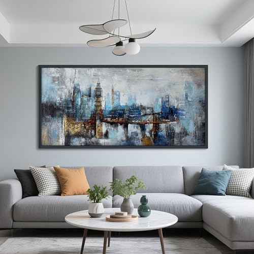 Large Wall Art for Bedroom Abstract City View Canvas Art Gray Blue Buildings by Pogusmavi