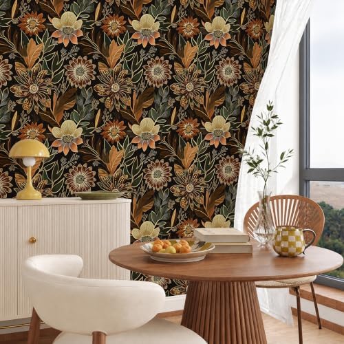 Laatse Boho Dark Black Gold Floral Wallpaper Peel and Stick 17.5"x787" - Image 3
