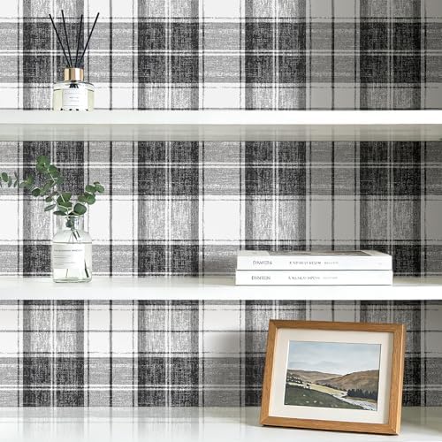 Livelynine 17.5x276 Plaid Peel and Stick Wallpaper Black and White Gingham - Image 5
