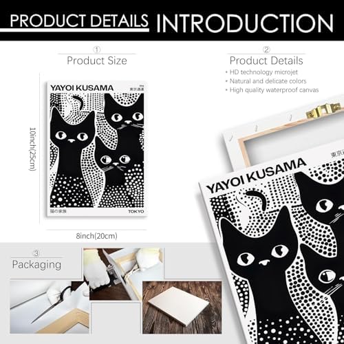 Cute Black Cat Poster Japanese Yayoi Kusama Wall Art 08x10 inch Framed Trendy - Image 2