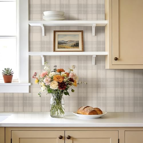 Livelynine 17.5x276 Plaid Peel and Stick Wallpaper Beige Neutral Vintage - Image 3