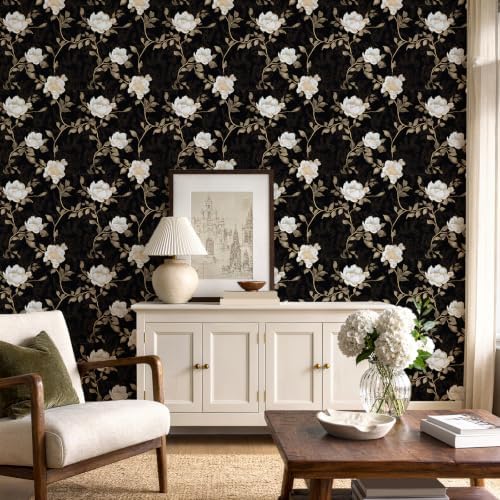 Laatse Vintage Dark Black Golden Floral Wallpaper Peel and Stick 17.5"x197" - Image 3