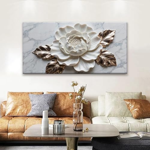 Suconvng Wall Art Living Room Marble Texture Wall Art Modern White Flower - Image 2