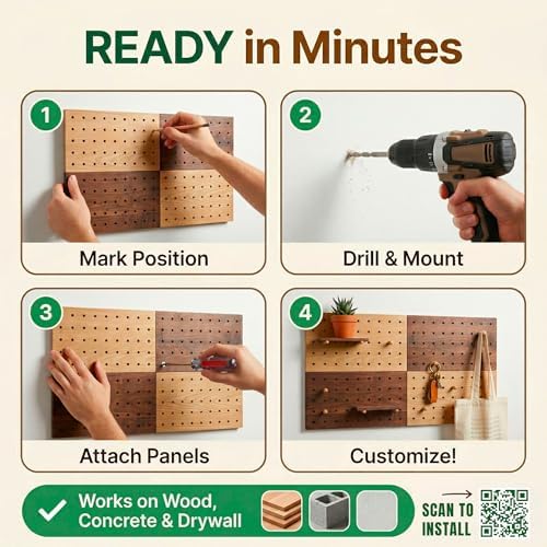 Wooden Pegboard Wall Organizer 2-Tone Kit, 4 Panels, 4 Shelves & 8 Pegs - Image 6