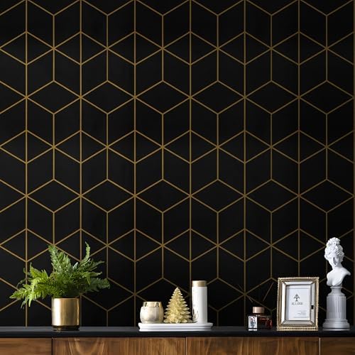 Safiyya 393" x 17.3" Gold and Black Wallpaper Geometric Peel and Stick by SAFIYYA
