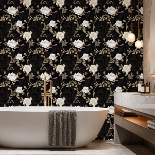 Laatse Vintage Dark Black Golden Floral Wallpaper Peel and Stick 17.5"x118" - Image 4