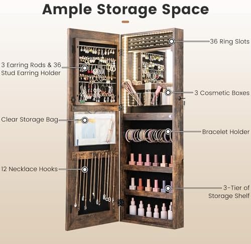 CHARMAID LED Mirror Jewelry Cabinet, Lockable Jewelry Armoire - Image 5