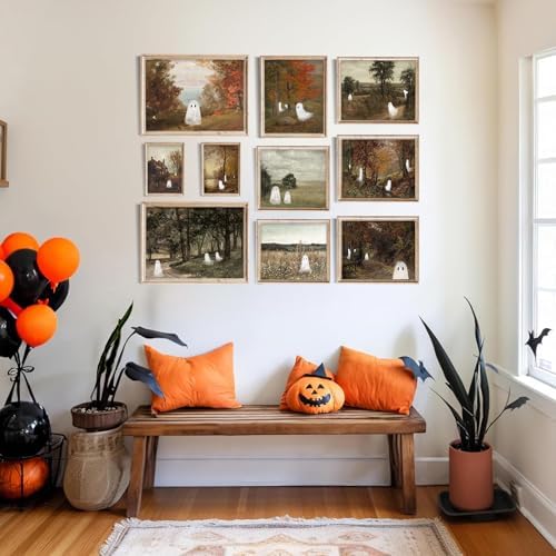 uniro Halloween Cute Ghost Vintage Wall Art, Spooky Autumn Landscape Canvas Oil - Image 2