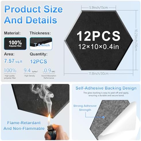 12 Pack Hexagon Acoustic Panels, Self-Adhesive Sound Deadening Panels, Sound - Image 2