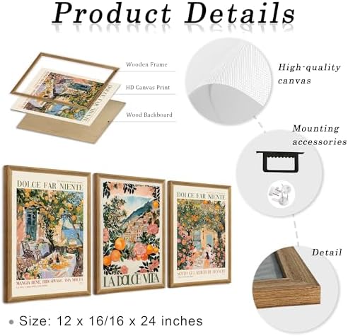 SYWENNOI Triptych Dolce Far Niente Framed Cnavas Wall Art 16x24 inches x3 - Image 6