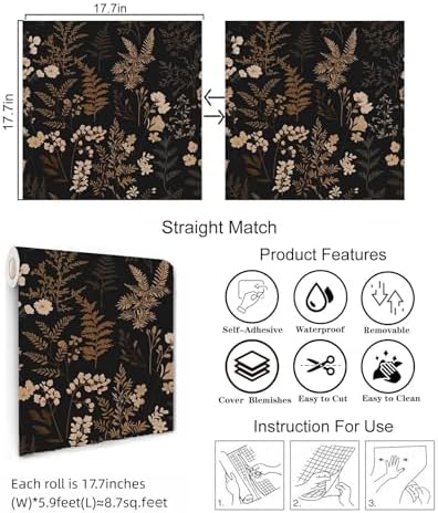 Moody Dark Vintage Floral Peel and Stick Wallpaper 17.7" x 70.8" - Image 4