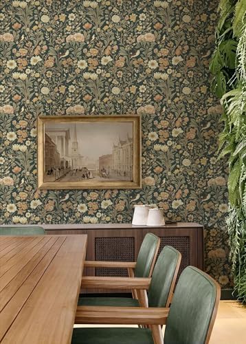 Jeweluck Dark Green Floral Peel and Stick Wallpaper Vintage 16.9" x 393.7" - Image 6