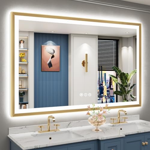 60x40 Gold Beveled LED Lighted Bathroom Mirror, Backlit & Front Lit by Awandee