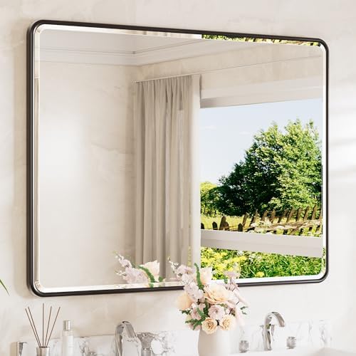 TETOTE Black Wall Mirror 48 x 36 Beveled Edge Tempered Glass, Rounded Corner by TETOTE