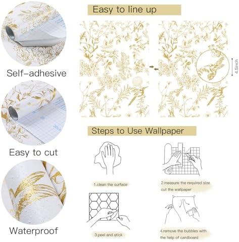 Safiyya Peel and Stick Wallpaper Gold and White Contact Paper 17.3"x393" Floral - Image 2