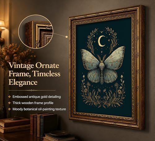 Vintage Gold Framed Celestial Moth Crescent Moon Wall Art Gothic Moody Ethereal - Image 3