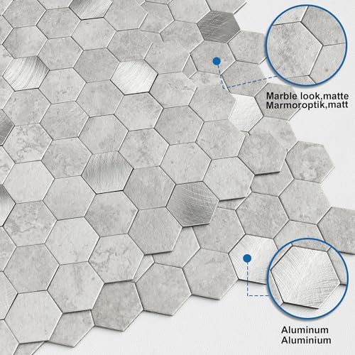 Peel and Stick Backsplash Hexagon Marble Tiles Cement Grey 10pcs - Image 2