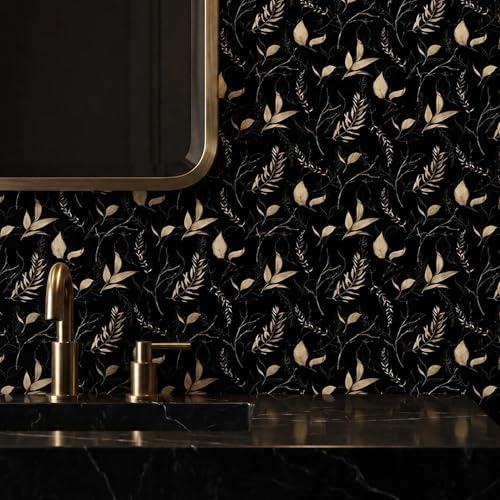 Dark Black and Gold Leaf Peel and Stick Wallpaper 17.7" x 124" - Image 4