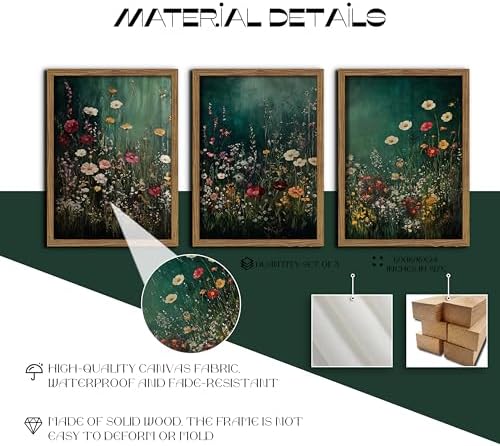 Vintage Wildflower Wall Art Set of 3, Moody Dark Green Flower Botanical Wall - Image 3