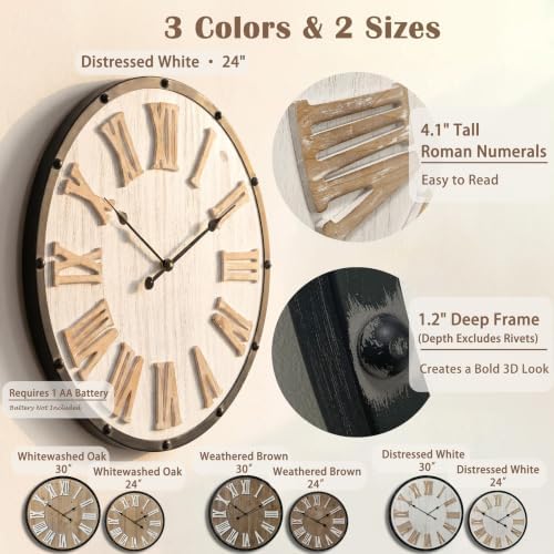 Large 24" Farmhouse Wall Clock, Rustic Wood Round Timepiece - Image 2