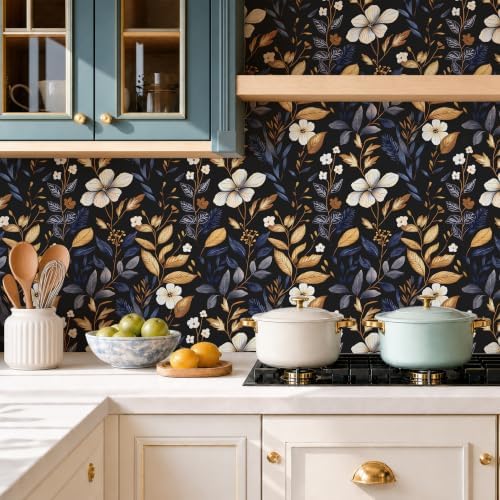 Laatse Vintage Dark Blue Gold Floral Peel and Stick Wallpaper 17.5"x787" - Image 4