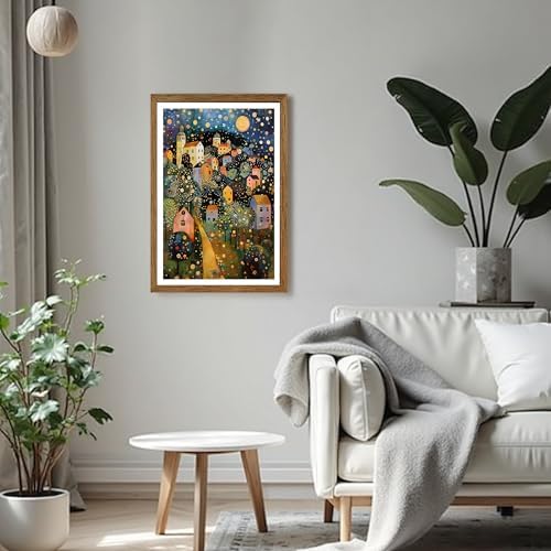 AVECCO Gustav Klimt Style Village Night Wall Art Framed Canvas 16x24 inch - Image 2