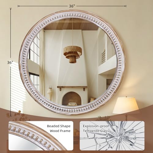 36 Inch Round Wood Mirror, Rustic Farmhouse Circle Mirrors - Image 2