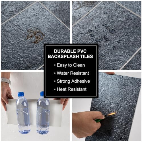 6" x 12" Midnight Black Slate Peel and Stick Backsplash Wall Tiles, PVC Faux - Image 6