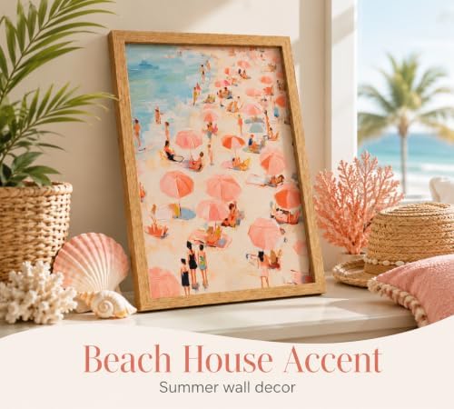 Framed Pink Beach Umbrella Canvas Wall Art, Coastal Picture Wall Decor - Image 3