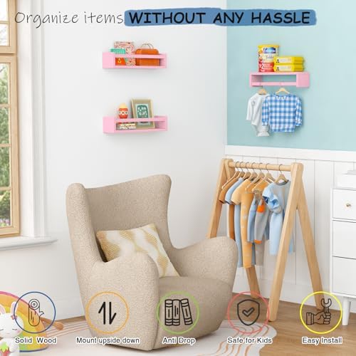 Pink Nursery Floating Shelves for Wall, Kids Book Shelf for Baby Girls Room - Image 5