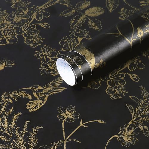 Safiyya Peel and Stick Wallpaper Floral Birds Contact Paper Black and Gold by SAFIYYA