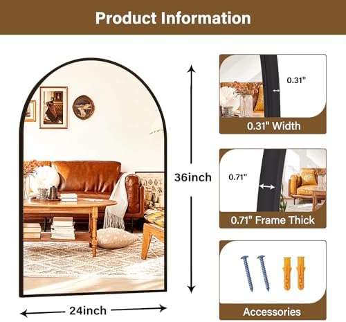 XRAMFY 24"x36" Black Arched Bathroom Mirror - Image 4