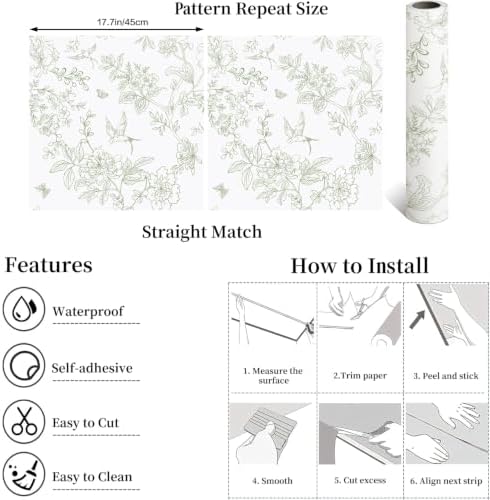 Froluya Green and White Peel and Stick Floral Wallpaper 17.7in×196.8in - Image 5