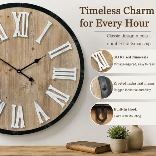 Oversized 30" Farmhouse Wall Clock, Rustic Wood Round Timepiece - Image 4