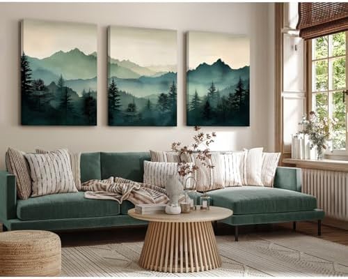 Mountain Wall Art Decor Set of 3 Sage Green Forest Canvas Wall Art Prints - Image 5