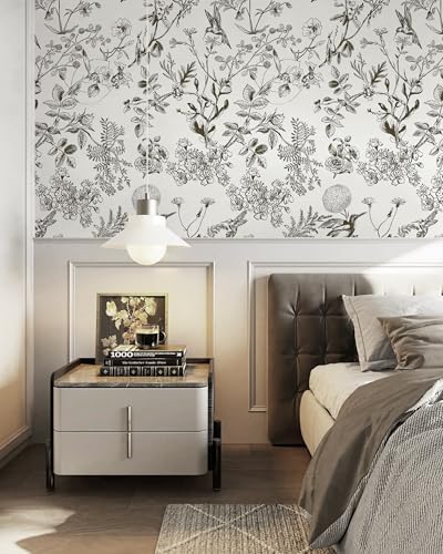 Safiyya Peel and Stick Wallpaper Floral Birds Contact Paper Black and White - Image 4