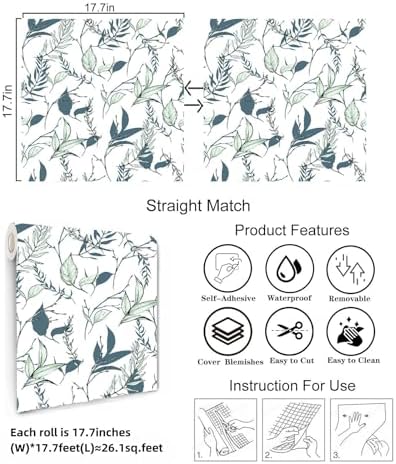 Sage Green and Blue Leaf Peel and Stick Wallpaper 17.7in x 213in - Image 4