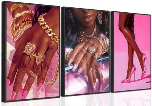 Pink Fashion Black Girl Canvas Wall Art Set of 3 African American Black Woman by UcninvdWallart