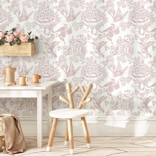 Safiyya Pink Peel and Stick Wallpaper Floral Birds Butterfly Contact Paper - Image 3
