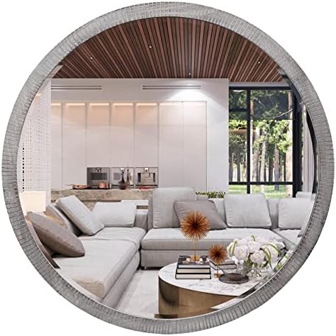 35" Round Wood Mirror, Farmhouse Large Wooden Mirror, Washed Gray by GIFTTROVE