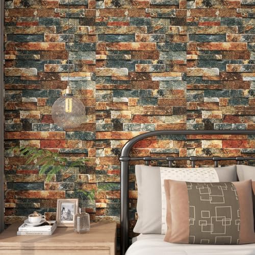 FunStick 15.8x472 Brown Red Blue 3D Brick Wallpaper Peel and Stick Textured - Image 3