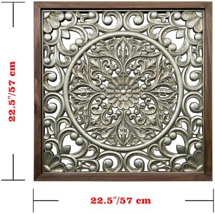 XIAOAIKA Boho Carved Wood Wall Art Panel, Floral Mandala, Distressed Silver - Image 2