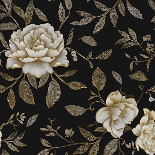 Laatse Dark Golden White Peony Floral Wallpaper Peel and Stick 17.5"x787" by Laatse