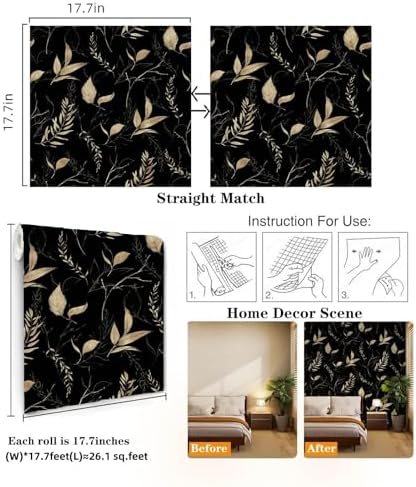 Dark Black and Gold Leaf Peel and Stick Wallpaper 17.7" x 213" - Image 5