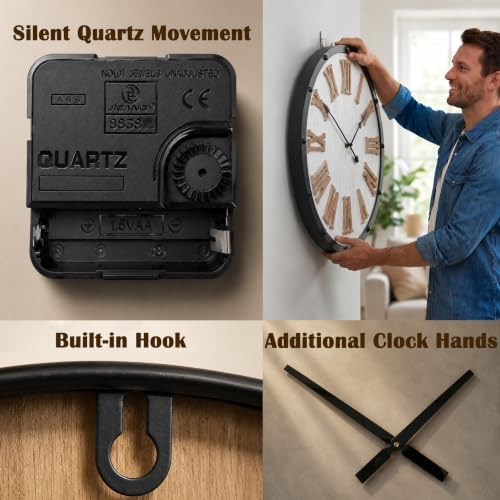 Large 24" Farmhouse Wall Clock, Rustic Wood Round Timepiece - Image 5