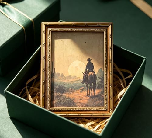 Vintage Gold Framed Western Wall art, Cowboy Riding Away Oil Painting Canvas - Image 6