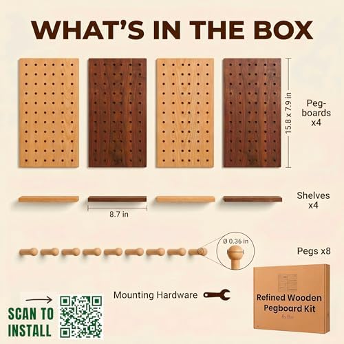 Wooden Pegboard Wall Organizer 2-Tone Kit, 4 Panels, 4 Shelves & 8 Pegs - Image 5
