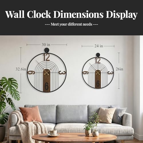Cuspin 24 Inch Wall Clock for Living Room Decor, Modern Walnut Black Metal - Image 7