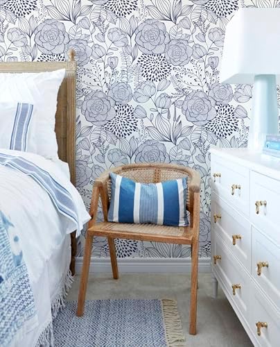 Wudnaye Navy Blue and White Floral Peel and Stick Wallpaper 16.9"×197" - Image 2